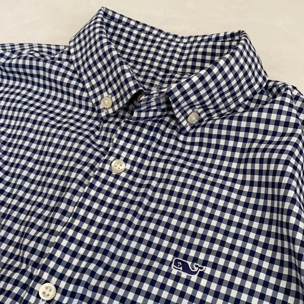 Vineyard Vines | Performance Gingham Button Down Nylon Whale Shirt Blue (L/16) - Picture 1 of 16